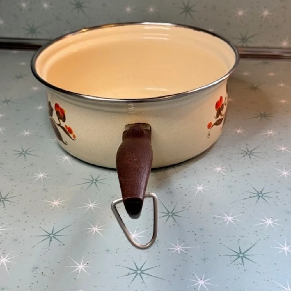 Vintage 1970s Moneta #18 Enamel Saucepan Pot Orange &‎ Brown Floral Boho Italy